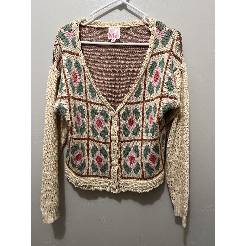 Floral Boho Knit Cardigan Sweater Cream Pink & Green Size S
